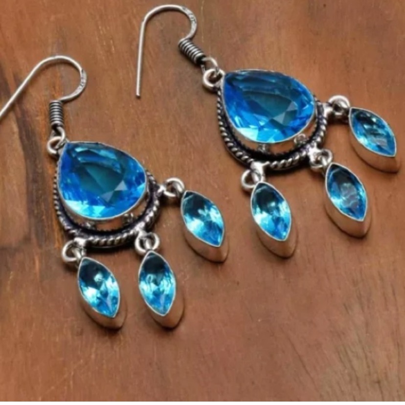 Vintage-Genuine Blue Topaz Handcrafted Earrings 2”